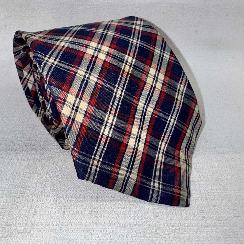 Pierre Cardin Plaid Necktie Mens One Size Navy Red Cream Classic Preppy Academia